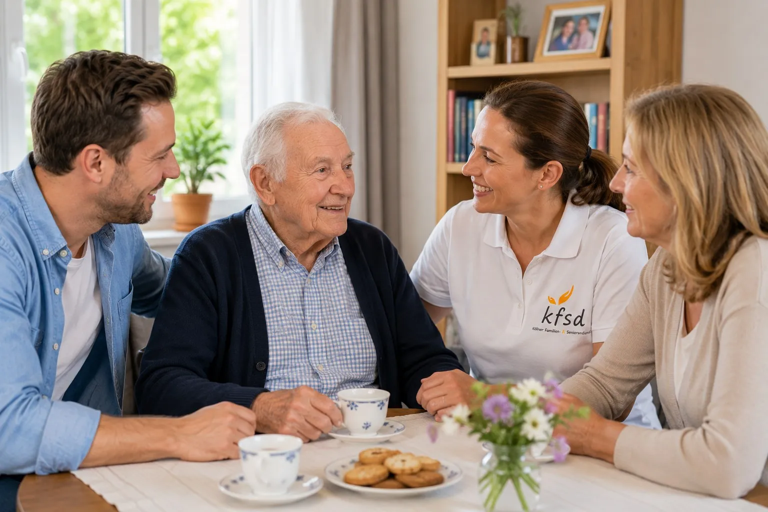Eine Mitarbeiterin des KFSD berät einen älteren Mann und seine Angehörigen am Tisch
