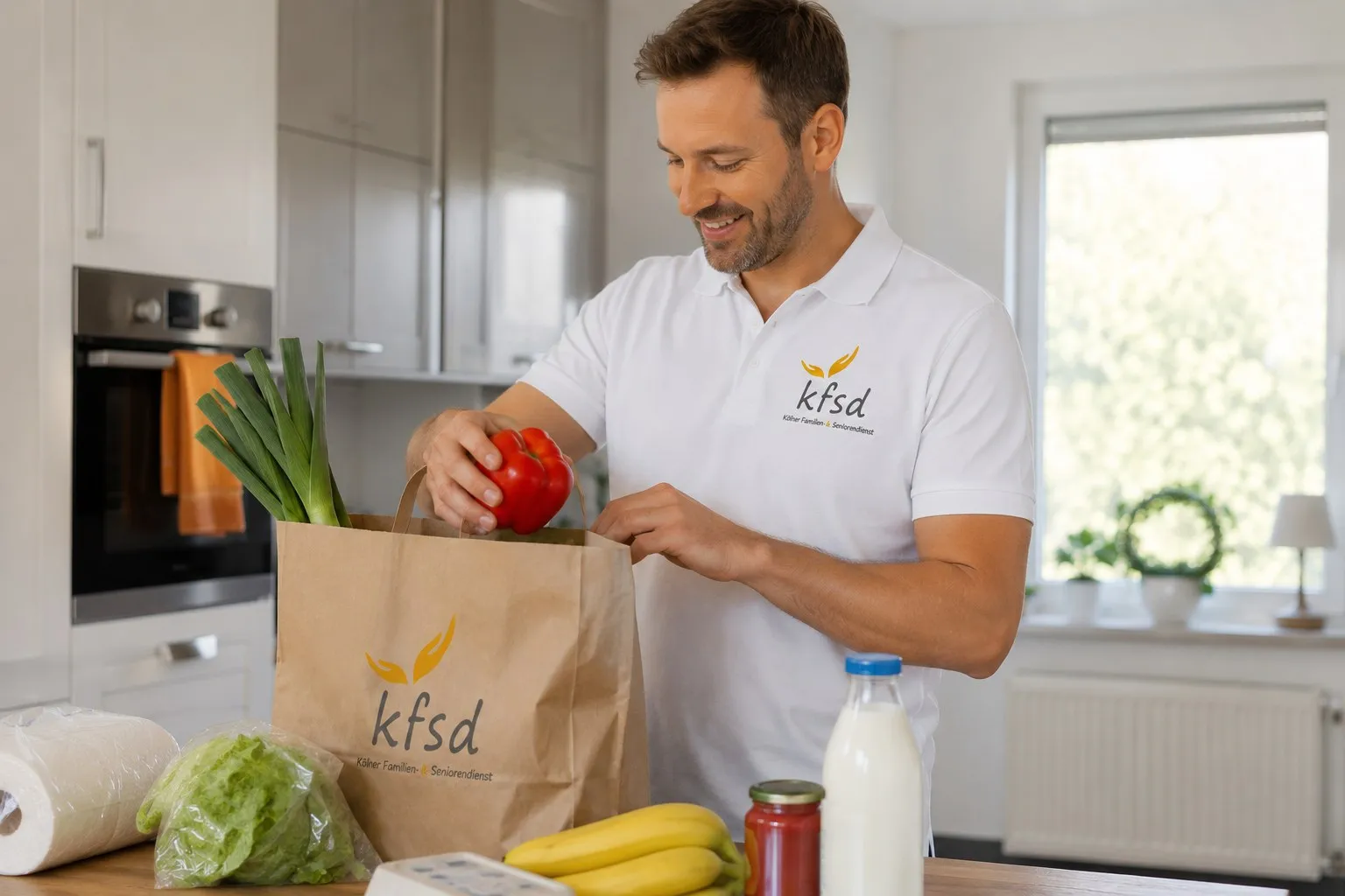 Ein KFSD-Mitarbeiter packt einen Einkauf in der Küche aus