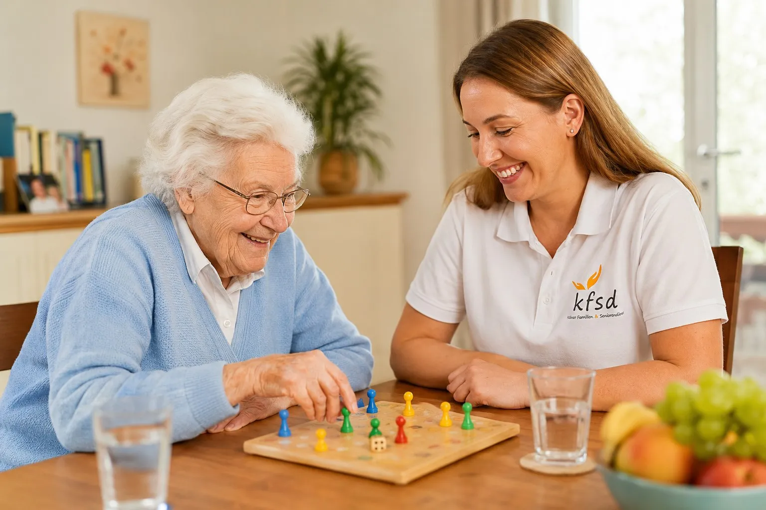 Eine Betreuerin spielt mit einer Seniorin ein Brettspiel